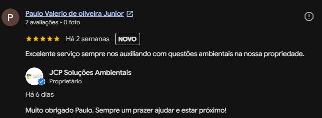 Avaliação de Paulo Valerio de Oliveira Junior no Google, cinco estrelas: excelente serviço sempre nos auxiliando com questões ambientais na nossa propriedade. Resposta da JCP: muito obrigado Paulo, sempre um prazer ajudar e estar próximo.